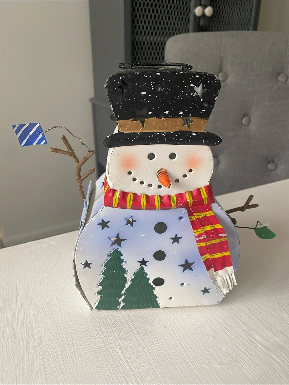 Hand-Painted Metal Snowman Holiday Lantern with Red Scarf Candle Holder